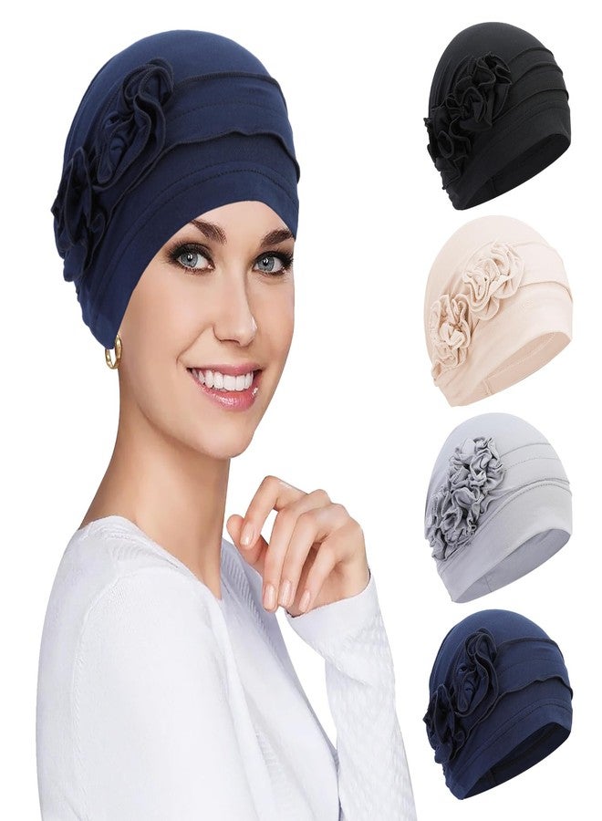 XEPST 4 Pieces Chemo Headwear for Women, Turbans Cap Beanie Hat Head Wraps Hair Coverings for Women, Women's Sleep Caps Chemo Cancer Hat with Flower Design - Image 1